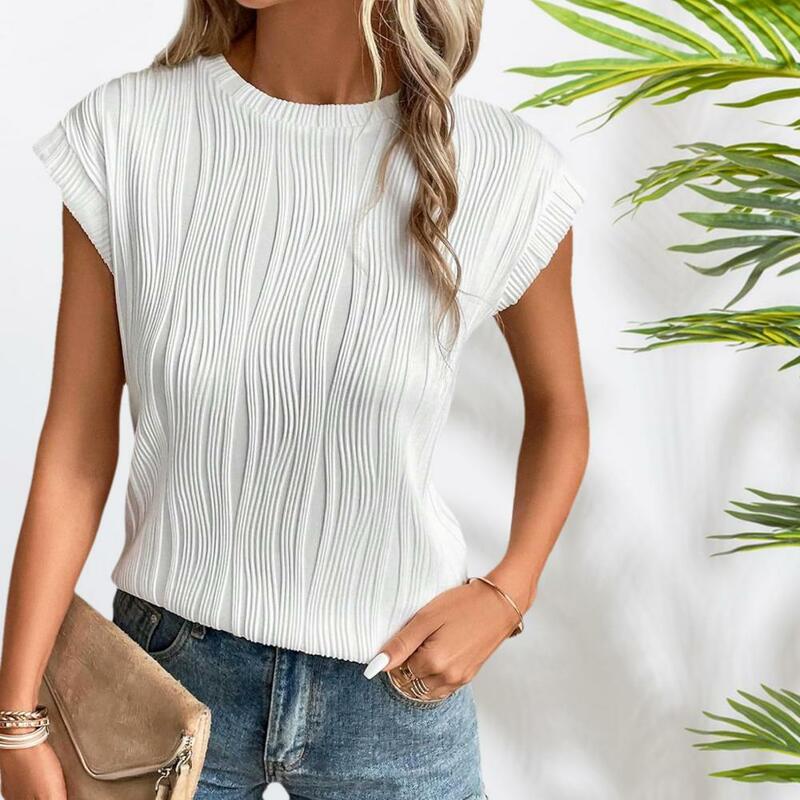 Womens Short Sleeve Textured Tops Crewneck Knit Solid Loose Casual Basic T Shirts Tee Blouses