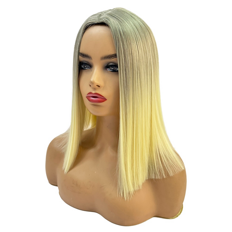 Wig Eropa wanita serat kimia rambut palsu lurus panjang Medium Wig penutup kepala Wig elegan pirang
