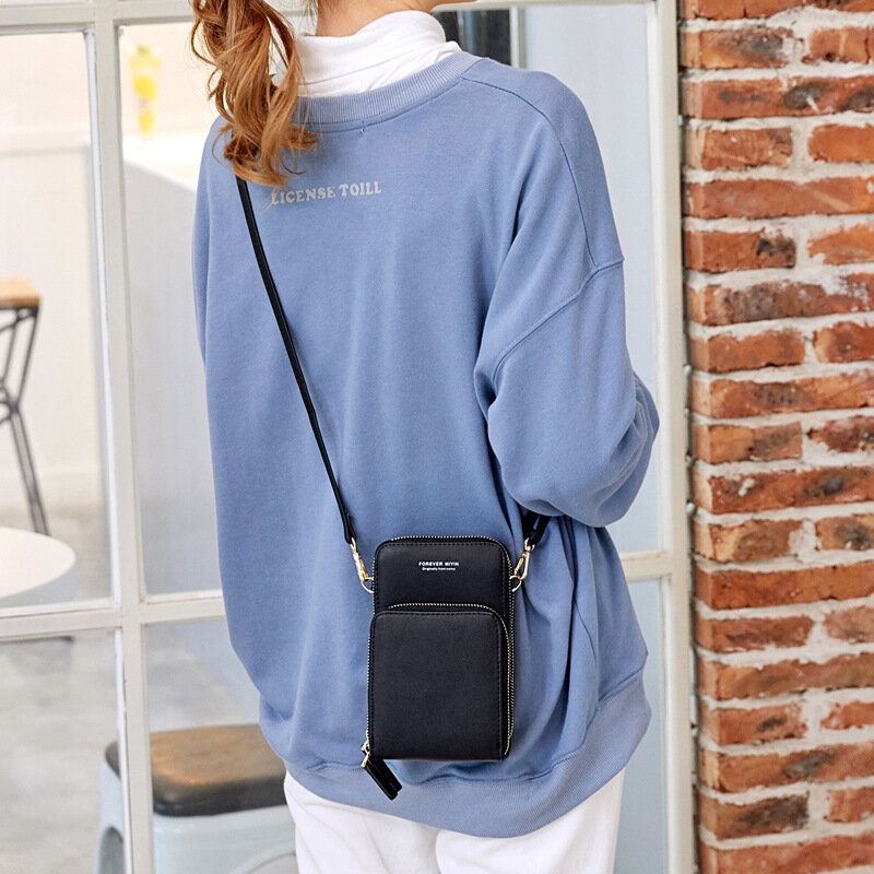 Portfele na telefon komórkowy moda pasek na ramię torebki z ekranem dotykowym damska torebka PU skórzana torba Crossbody kurierska kobieta czarna