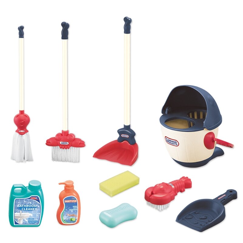 Juego limpieza para niños 9/10 piezas, escoba y juego limpieza con cubo remolque juguete, cepillo, sopa, juguetes