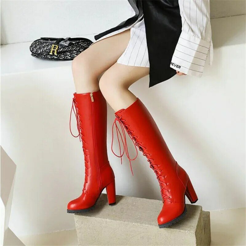 Women Knee-High Motorcycle Boots Cross Tied Thick Heel Platform Female Wedding Party Girl Princess Shoe Lolita Knight Boots32-46