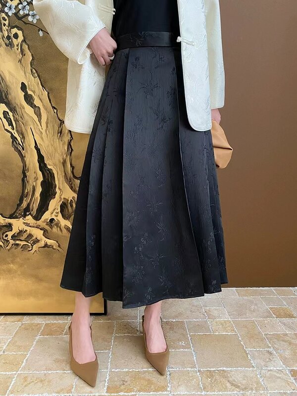 Falda con Estampado de Jacquard oscuro para mujer, Media Falda plisada con cara de caballo mejorada, estilo chino, principios de primavera, nuevo