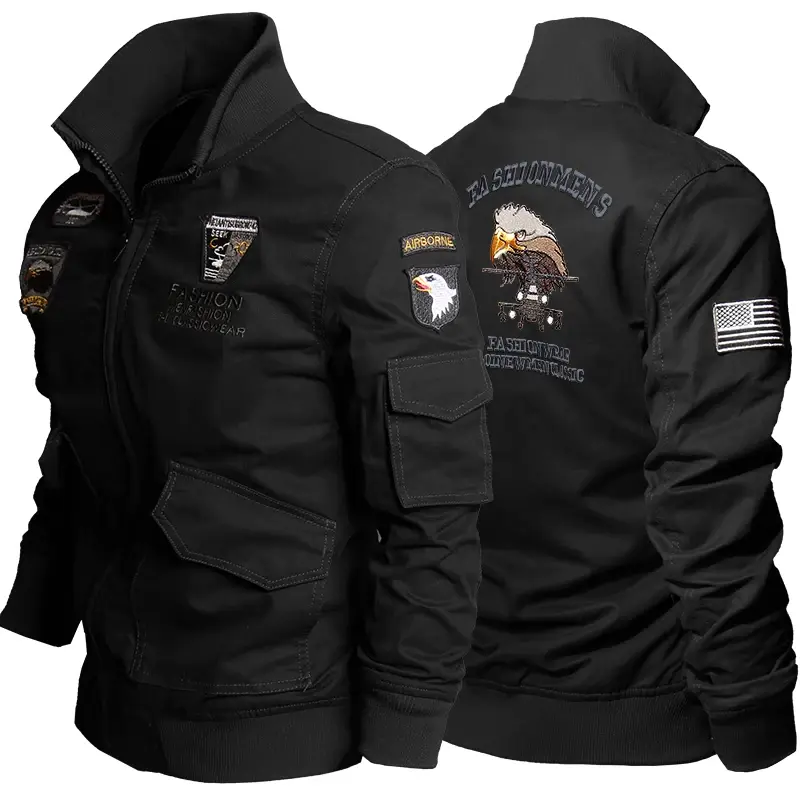 남성용 전술 파일럿 재킷, 공수 양털 폭격기 재킷, 면 독수리 자수 육군 코트, 캐주얼 스탠드 칼라 아우터