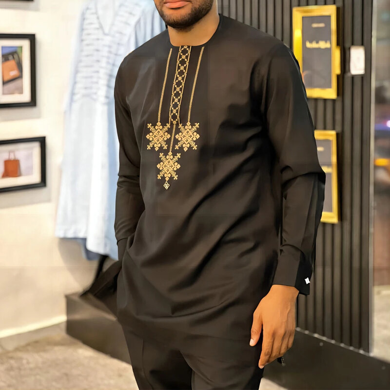 African Clothes For Men Kaftan Luxury Black Sets 2 Pieces Outfits Long Sleeve Top and Pants Full Men's Suit Wedding Men Clothing