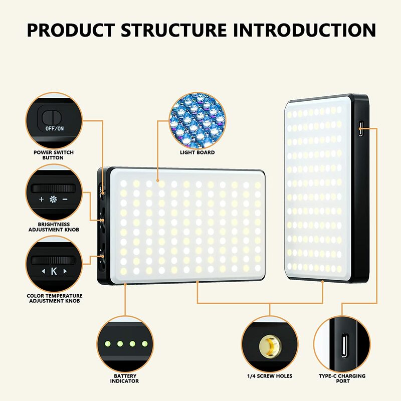 Clip de luz LED recargable de alta potencia, luz de vídeo de relleno con Clip frontal y trasero, ajustado, 3 modos de luz para teléfono y iPad, 120 LED