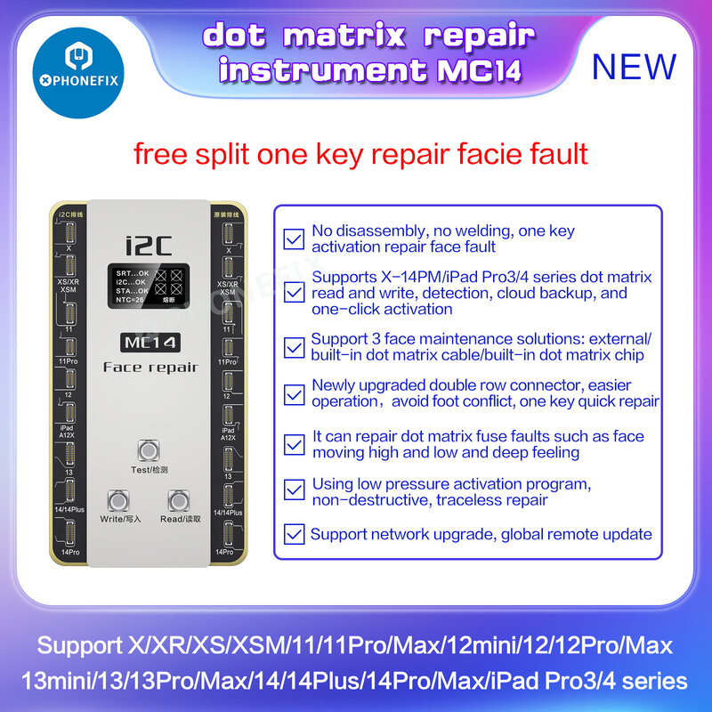 I2c MC14 tidak ada solder Dot Matrix Flex Cable Programmer untuk IPhone X/11/12/13/14 Pro Max Face ID Dot proyektor Data membaca tulisan