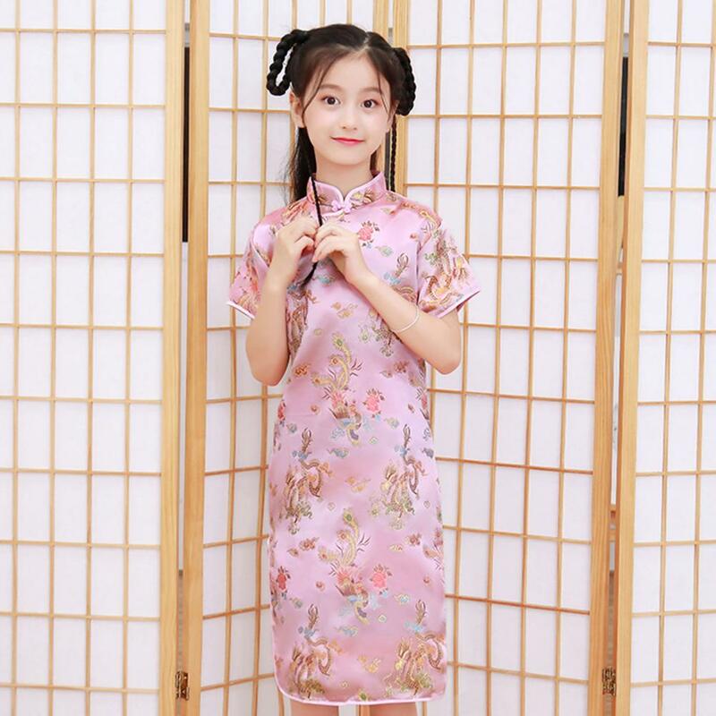 Kids Girls Satin Dress Cheongsams Hanfu Tight Phoenix Print Dress Chinese Traditional Costumes Princess Girls Dress Cheongsams