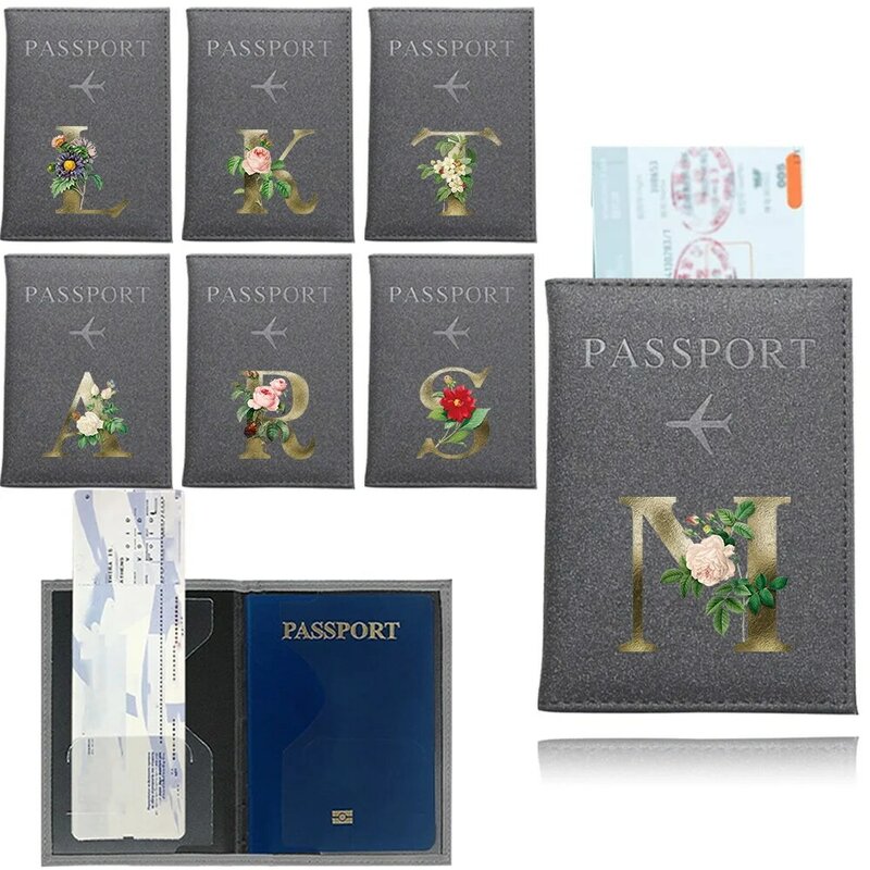PUユニセックスパスポートホルダー,旅行パスポートカバー,カードケース,UVプリント,ゴールデンフラワーシリーズ,グレーカラー,男性用カードホルダーウォレット