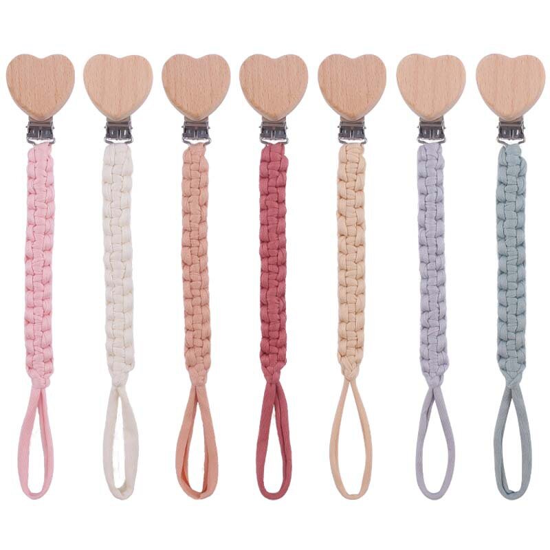 Baby Pacifier Chain Hand Braided Cotton Cloth Handmade Heart Shape Wooden Dummy Pacifier Clips For Nursing Teether Shower Gifts