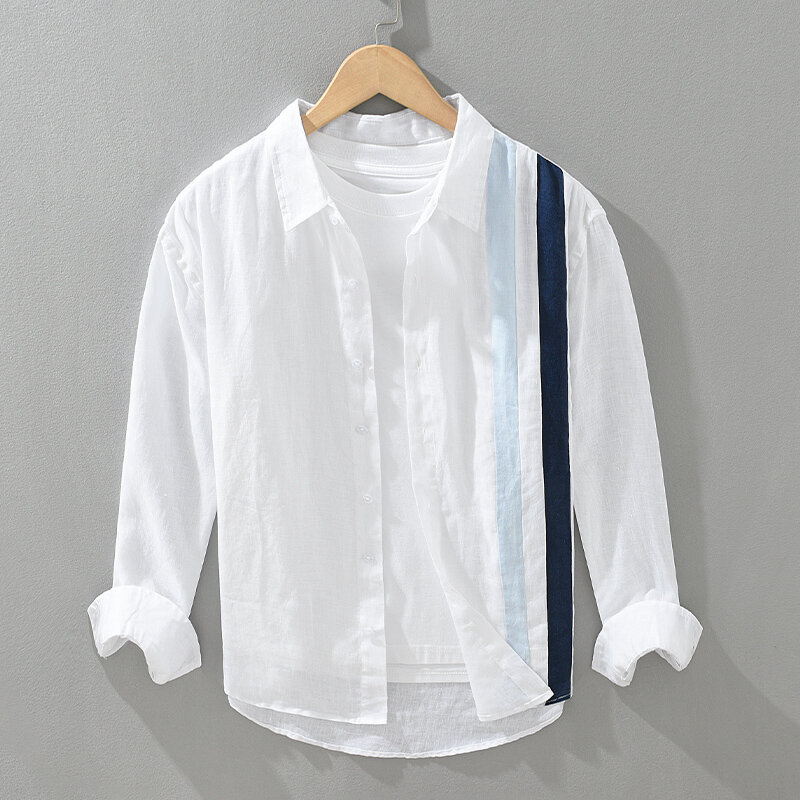 Camisa solta de manga comprida masculina, 100% linho, sem salto, patchwork listrado, roupas da moda, novo, 2024