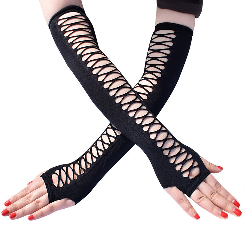 Kobiety łokieć długość Punk rękawiczki elastyczne rękawiczki bez palców rękawice z ekranem dotykowym wycinanka krzyż rękawiczki z siatki na imprezę Cosplay kostiumy