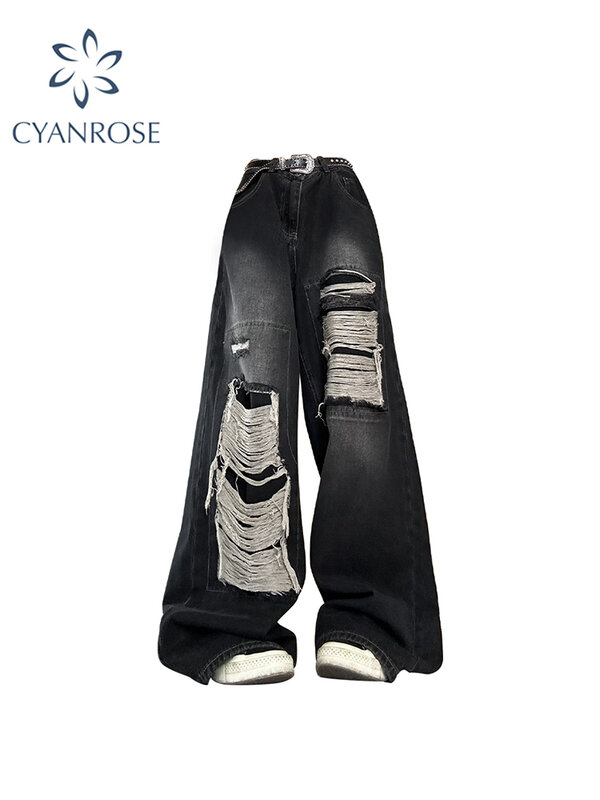 بنطلون جينز أسود للسيدات بتصميم قوطي بخصر عتيق على الموضة الكورية Y2k بنطلون ممزق بأرجل واسعة غير رسمية من هاراجوكو