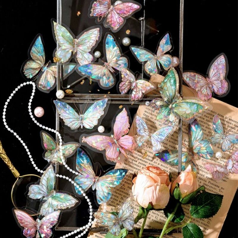 Pegatina de mariposa láser de cristal de hielo hecha a mano, pegatina de Collage de mariposa estética decorativa Retro, PET, manualidades DIY, papelería