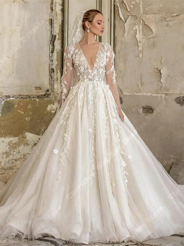 Rok besar mewah gaun pernikahan Hem gaun pengantin kerah V terbaru stiker renda gaun pengantin Bohemian Backless elegan Vestidos De Novias