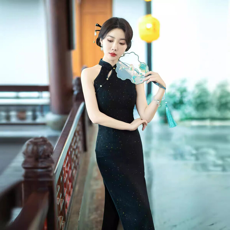 Summer Lace New Chinese Qipao Dress Halter Dress miglioramento Off spalla Sexy senza maniche Qipao