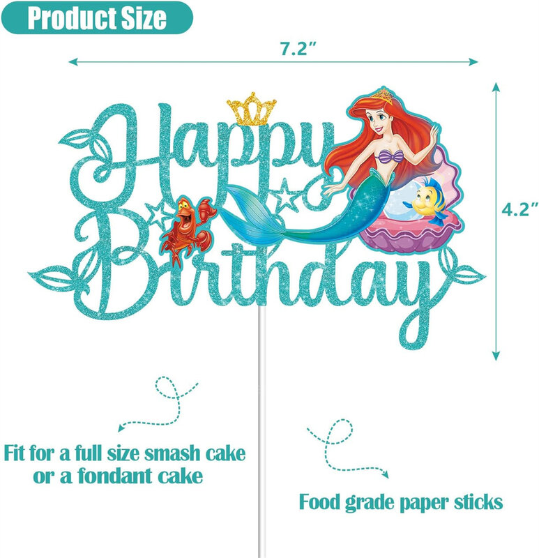 Adornos de pastel de La Sirenita de Disney, decoración de dibujos animados de la princesa Ariel, Bandera de pastel, Baby Shower, decoraciones de pastel de fiesta de cumpleaños para niñas