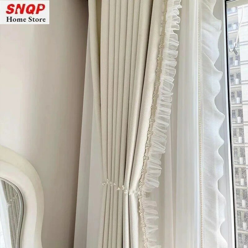 Cortinas francesas románticas de algodón y lino para sala de estar, cortinas de lujo para dormitorio, ventana de comedor, tul blanco elegante, tamaño personalizado