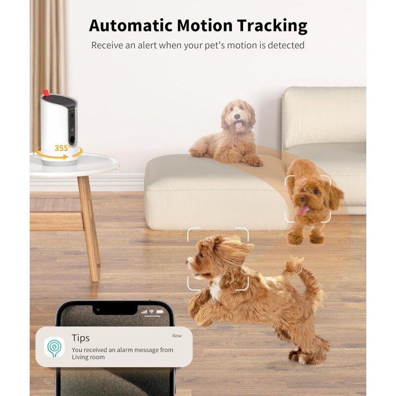 Dispenser kamera hewan peliharaan 2K, kamera anjing tampilan 360 ° dengan aplikasi ponsel, 5G & 2.4G WiFi kamera hewan peliharaan 2-arah dalam ruangan untuk Remote kucing