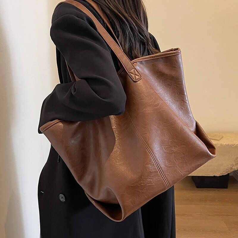 Sacos de couro PU de grande capacidade para mulheres, sacola grande cor sólida, bolsas femininas, Ins Style Underarm Bags, design de marca, moda