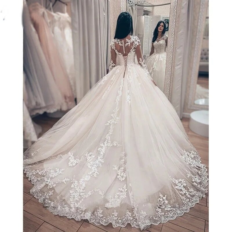 Graceful Ball Gown Wedding Dresses Elegant Full Sleeves Bridal Gown Sheer O-Neck Lace Appliques With Train Vestidos De Novia