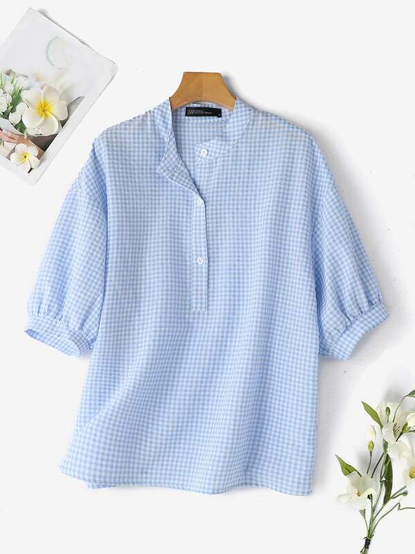 ZANZEA-Camisa xadrez xadrez feminina, gola O, blusa de meia manga, tops casuais com botões, blusas femininas elegantes de trabalho, moda verão
