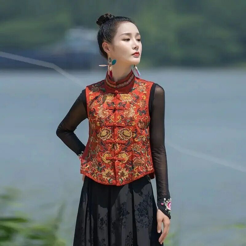 2024 китайский винтажный жилет, атласный жаккардовый этнический жилет с национальным цветочной вышивкой, ретро жилет без рукавов