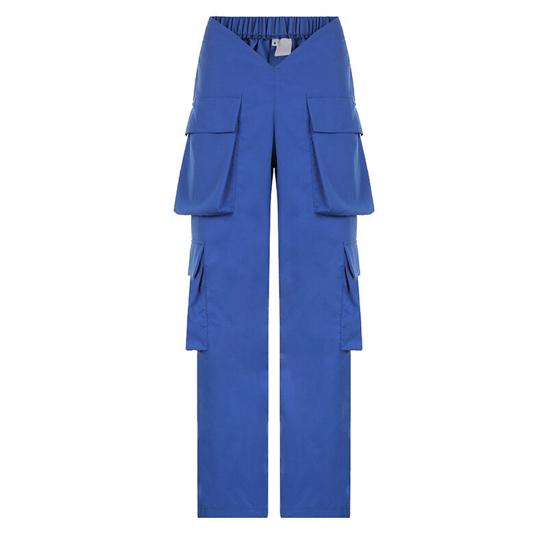 Прямые брюки в стиле хип-хоп, повседневная одежда для работы с карманами, синие индивидуальные повседневные брюки с V-образным вырезом и поясом