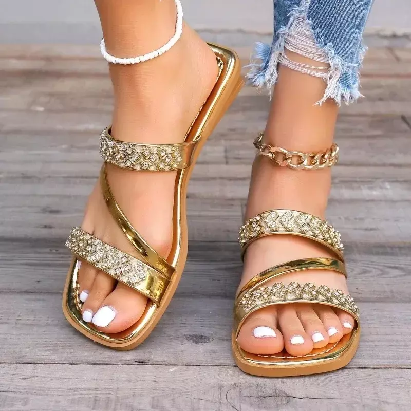 2024 Summer New Fashion Outdoor Beach Shoes for Women Peep Toe Wedge Bohemia Rhinestones Slippers Women Casual Slippers Female