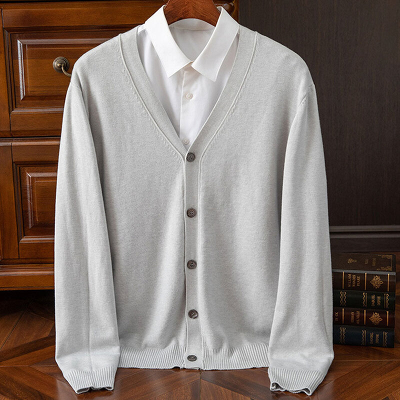 Модный мужской классический однотонный вязаный кардиган с V-образным вырезом, мягкий мешковатый кардиган, свитеры, пальто, мужская одежда