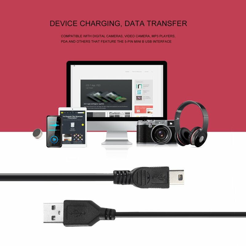 Szybki kabel ładujący, 80cm, USB 2.0, męski A do Mini B, 5-pin, do kamery cyfrowe, wymienny kabel USB do ładowania w kolorze czarnym