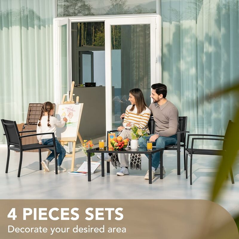 4 Pieces Patio Furniture Set Outdoor Garden Patio Conversation Sets Poolside Lawn Chairs with Glass Coffee Table Porch