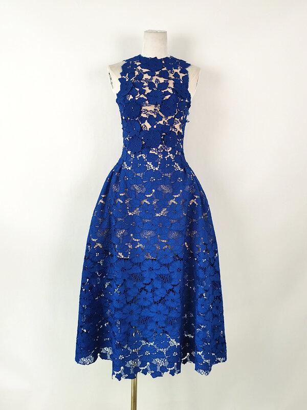 가벼운 럭셔리 헤비 인더스트리 레이스 드레스, 로얄 블루 자수 기질 슬림 핏 티 길이 드레스, 여름 신상