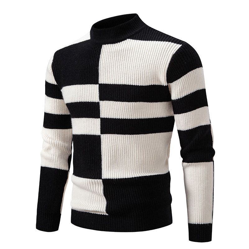 2024 Men's Autumn and Winter Half Turtleneck Sweater Youth Casual Plaid Colorblock Pullover Base Sweater