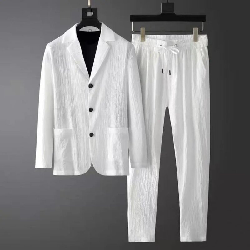 Blazer de peito único e calça com cordão, calça monocromática, roupa casual, bolsos elegantes, 1 conjunto
