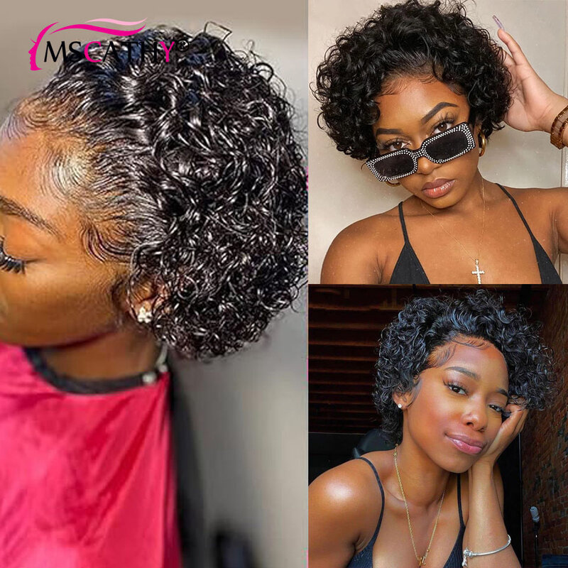 Naturalny czarny kolor peruki z krótkim fryzura Pixie Bob dla czarnych kobiet 13x1 przezroczyste peruki z ludzkich włosów brazylijskich