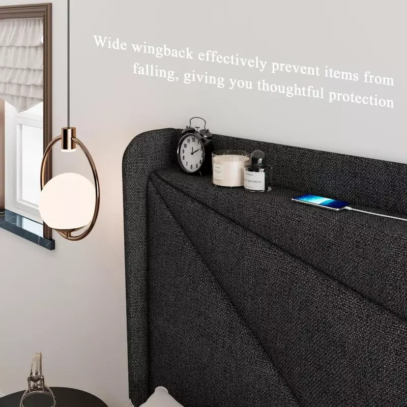 Feonase-Queen Bed Frame com Tipo-C e portas USB, plataforma estofada, Wingback armazenamento cabeceira, madeira maciça