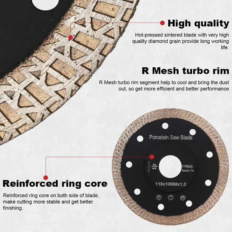 105/115mm/125mm hot sintered continuous rim turbo super thin diamond porcelain saw blade for cutting porcelain or ceramics tiles