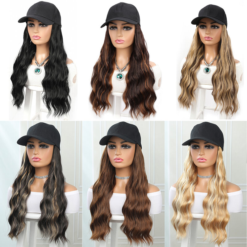 Topi bisbol sintetis dengan ekstensi rambut, Wig panjang bergelombang tahan panas serat rambut dapat disesuaikan 24 inci untuk wanita