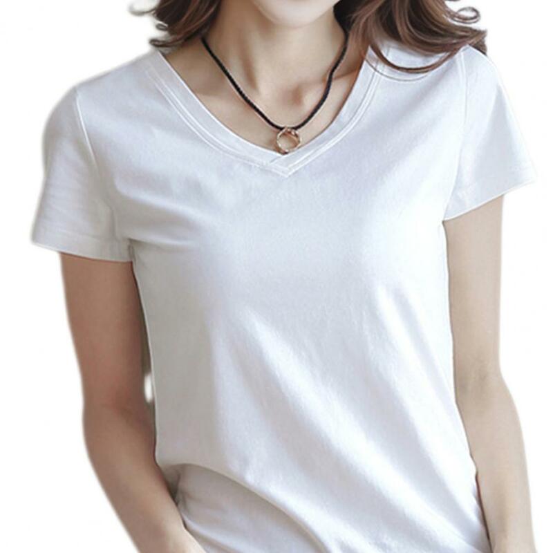 Женская летняя футболка с V-образным вырезом, облегающая футболка с коротким рукавом, однотонный пуловер, топы, эластичная рубашка, уличная одежда