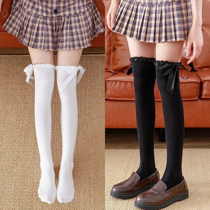Lolita – chaussettes montantes en dentelle pour femmes, mignonnes, motif de dessin animé japonais, en coton, confortables, longues, automne et hiver