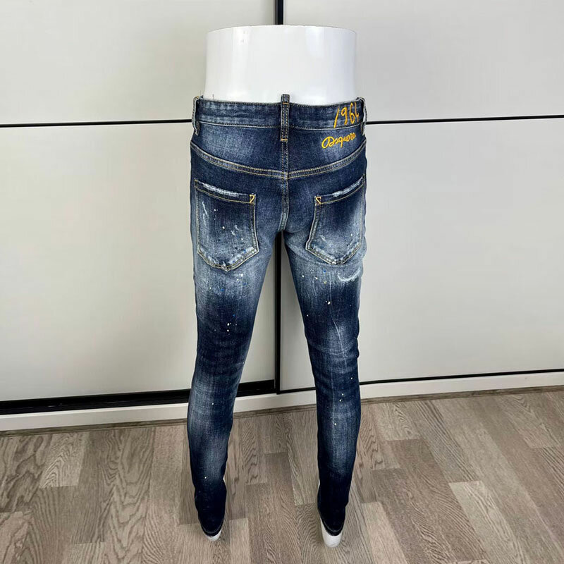 Modne dżinsy męskie uliczna wysokiej jakości niebieskie w stylu Retro haft elastyczny Slim Fit porwane jeansy mężczyzn Patch Designer Hip Hop markowe spodnie
