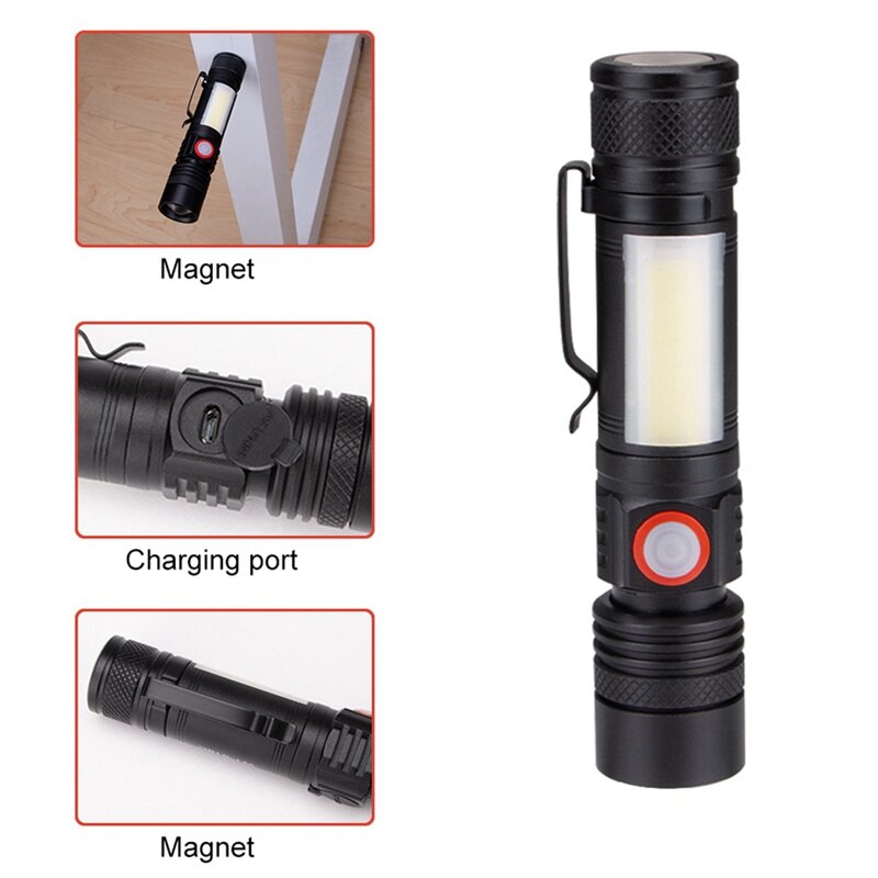 Promotion! Lampe de poche LED étanche, torche magnétique, n'aime T6 + COB, avec un clip, portable, 18650 batt