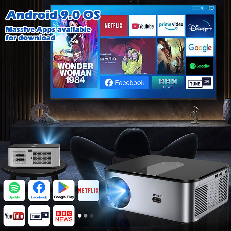 HORLAT T03 안드로이드 4K 프로젝터, Full HD 1080P 8K 비디오 돌비 오디오, 홈 시어터 자동 초점 키스톤, 5G 와이파이 휴대용 프로젝터
