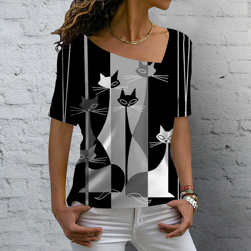 여성용 V넥 반팔 티셔츠, 애니메이션 고양이 그래픽 레저 의류, 여성 하라주쿠 스트리트웨어, 오버사이즈 블라우스, 여름