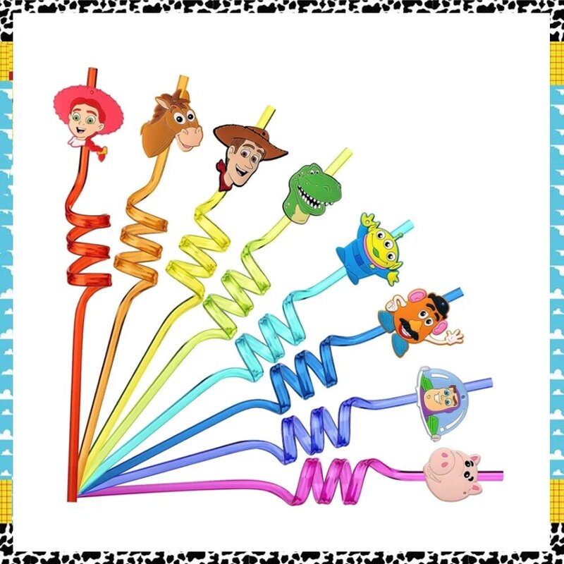 8 buah mainan Disney cerita perlengkapan pesta dapat digunakan kembali sedotan minum plastik untuk Baby Shower anak perempuan anak laki-laki Woody dekorasi pesta ulang tahun