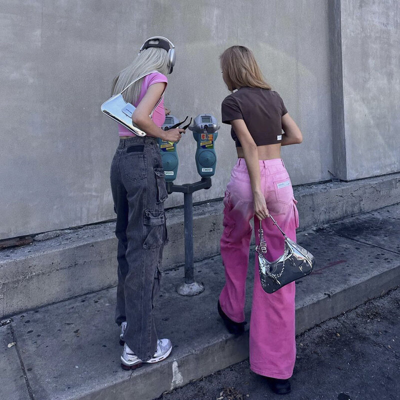 Джинсы-карго Y2K женские с градиентом, модные брюки из денима с карманами и высокой талией, Повседневная винтажная уличная одежда в стиле Харадзюку, 2024
