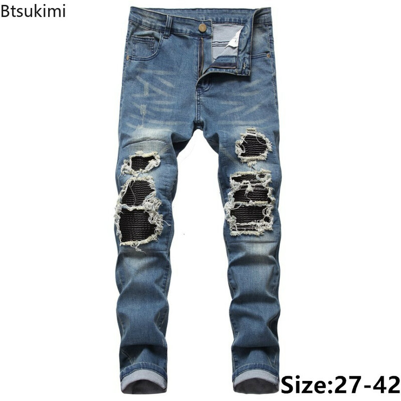 Moda High Street Męskie Retro Casual Jeans Trend Hip Hop Style Slim Holes Denim Pants Mężczyźni Patchwork Sport Trousers Young Teen