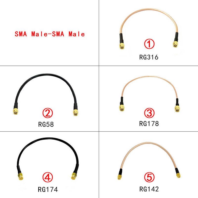 Cabo de extensão Pigtail do conector do RF, SMA macho para SMA macho Plug Jack, RG174, RG178, RG316, RG58, RG142