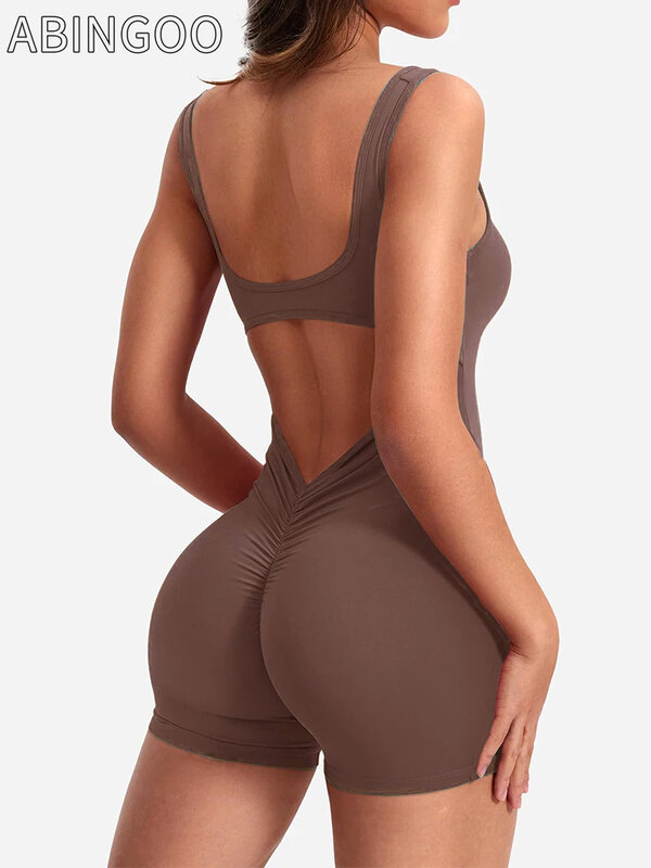 ABINGOO 2024 Summer New Shoulder Straps One-Piece Shorts Backless Slim Hip Lifting  Sports Jumpsuit Sexy Women's Yoga Jumpsuit