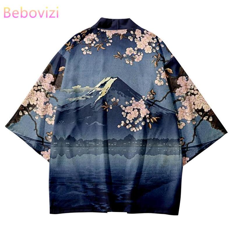 Kimono tradicional con estampado de Sakura Mount Fuji para hombre y mujer, cárdigan de playa japonés, camisas Haori de Cosplay informales de Yukata a la moda